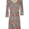 Red and lime green floral print viscose jersey scoop neck sheath dress