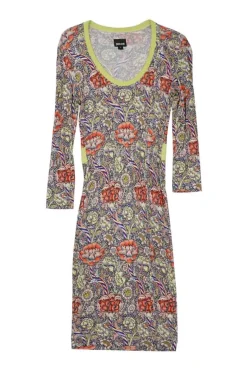 Red and lime green floral print viscose jersey scoop neck sheath dress