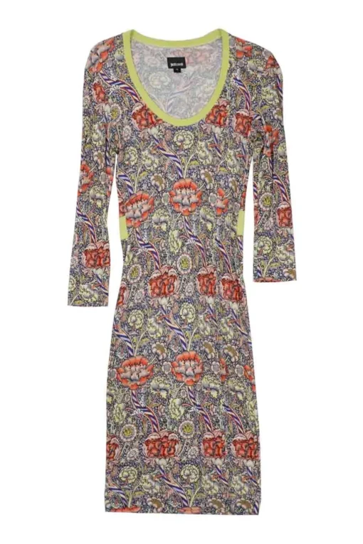 Red and lime green floral print viscose jersey scoop neck sheath dress