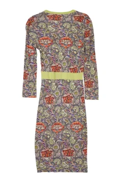 Red and lime green floral print viscose jersey scoop neck sheath dress