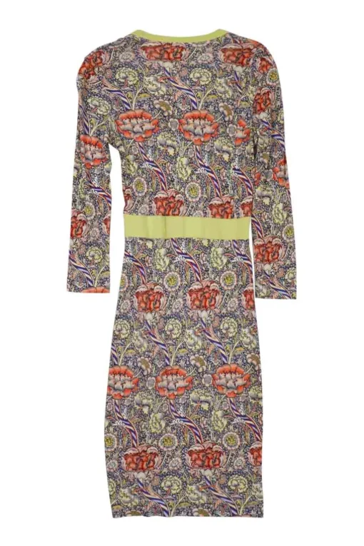 Red and lime green floral print viscose jersey scoop neck sheath dress