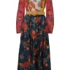 Red and navy paneled linen floral print Ginger long sleeve belted midi dress