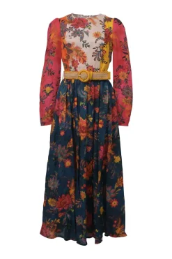 Red and navy paneled linen floral print Ginger long sleeve belted midi dress