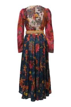 Red and navy paneled linen floral print Ginger long sleeve belted midi dress