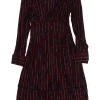 Red and navy viscose-blend metallic floral print stripe jacquard plunge neck empire-waist A-line dress