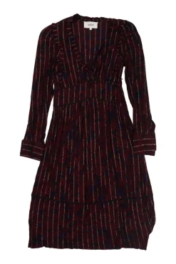 Red and navy viscose-blend metallic floral print stripe jacquard plunge neck empire-waist A-line dress