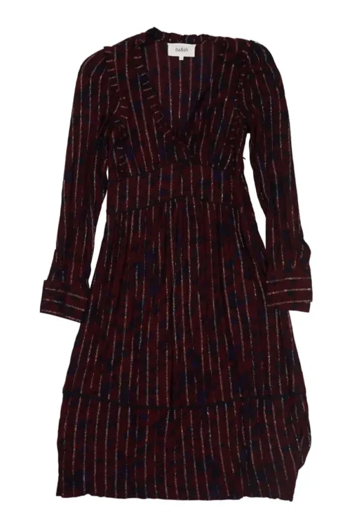 Red and navy viscose-blend metallic floral print stripe jacquard plunge neck empire-waist A-line dress