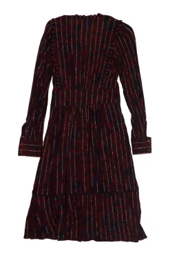 Red and navy viscose-blend metallic floral print stripe jacquard plunge neck empire-waist A-line dress