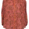 Red and orange cotton floral paisley print band collar button-front swing-style top with blouson sleeves
