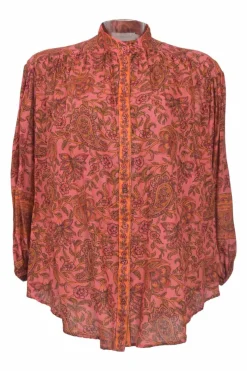 Red and orange cotton floral paisley print band collar button-front swing-style top with blouson sleeves