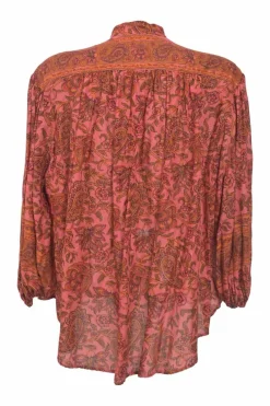 Red and orange cotton floral paisley print band collar button-front swing-style top with blouson sleeves