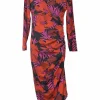Red and purple silk-blend floral print plunge neck wrap-effect ruched midi dress