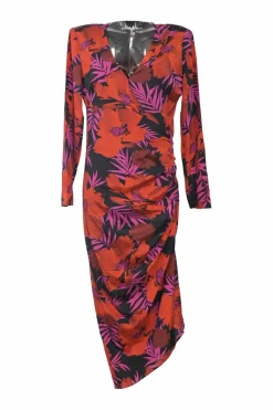 Red and purple silk-blend floral print plunge neck wrap-effect ruched midi dress