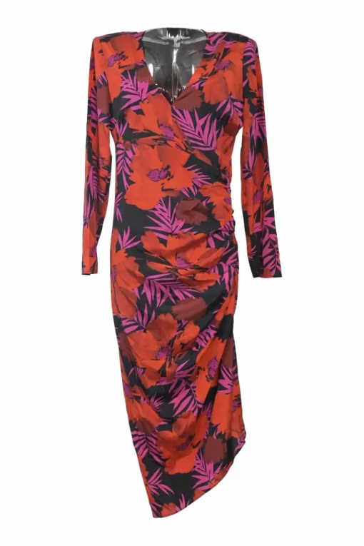 Red and purple silk-blend floral print plunge neck wrap-effect ruched midi dress