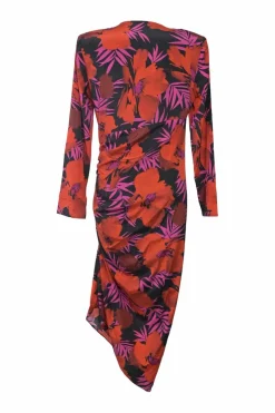 Red and purple silk-blend floral print plunge neck wrap-effect ruched midi dress