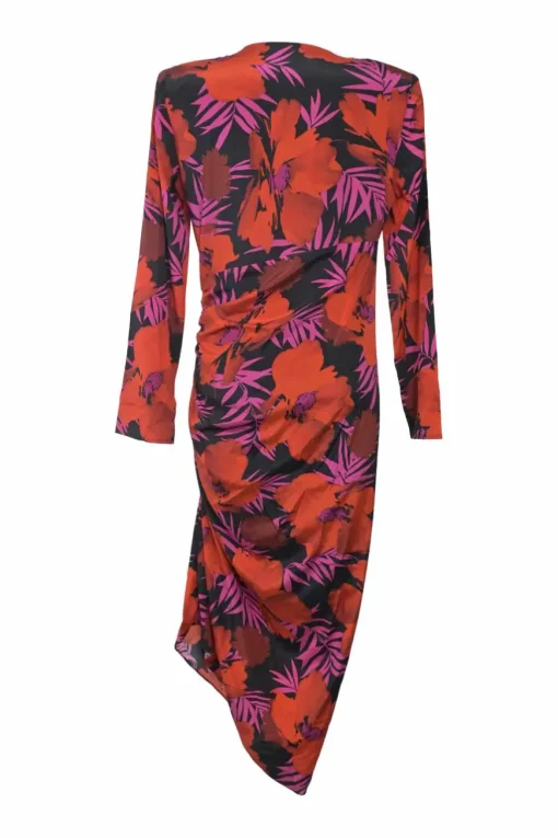 Red and purple silk-blend floral print plunge neck wrap-effect ruched midi dress