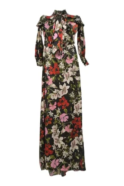 Red Anora floral print twist-neck cold-shoulder gown