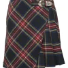 Red bias-cut polyester-blend tartan check wrap-front apron-style mini skirt with hip buckle fastening