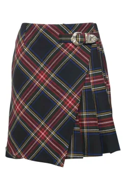 Red bias-cut polyester-blend tartan check wrap-front apron-style mini skirt with hip buckle fastening
