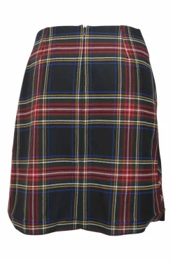 Red bias-cut polyester-blend tartan check wrap-front apron-style mini skirt with hip buckle fastening