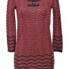 Red bow-embellished striped racked wave knit long sleeve sheath dress with stacked keyhole front