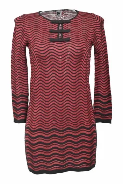 Red bow-embellished striped racked wave knit long sleeve sheath dress with stacked keyhole front