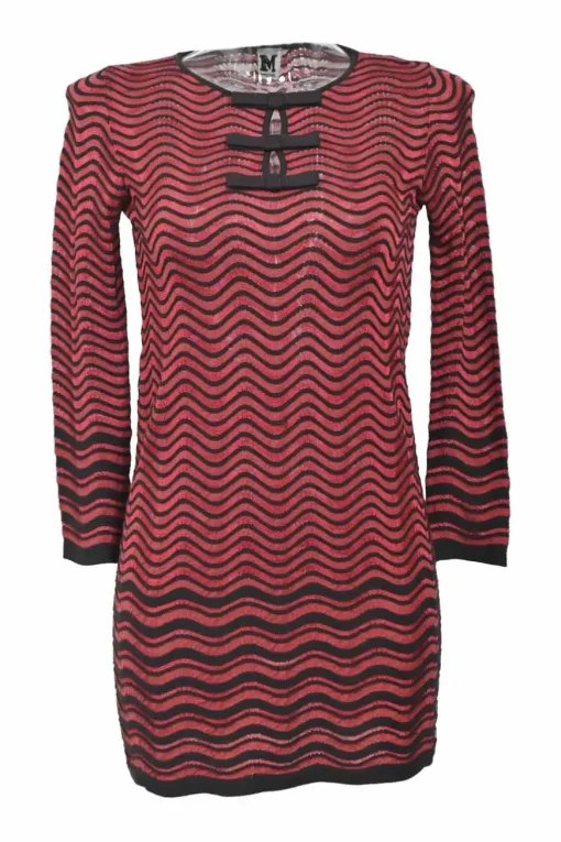 Red bow-embellished striped racked wave knit long sleeve sheath dress with stacked keyhole front
