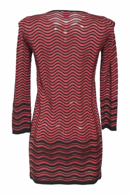 Red bow-embellished striped racked wave knit long sleeve sheath dress with stacked keyhole front