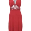 Red chiffon braided eyelet waist and racerback halterneck midi dress
