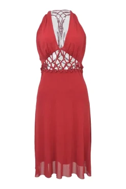 Red chiffon braided eyelet waist and racerback halterneck midi dress