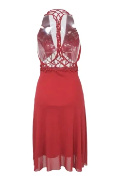 Red chiffon braided eyelet waist and racerback halterneck midi dress