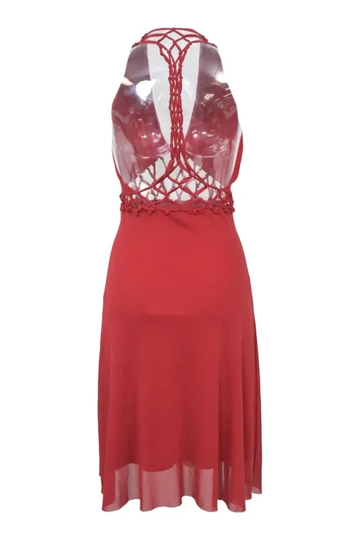 Red chiffon braided eyelet waist and racerback halterneck midi dress