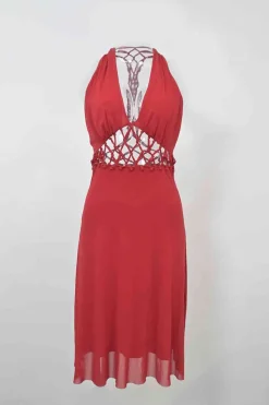 Red chiffon braided eyelet waist and racerback halterneck midi dress
