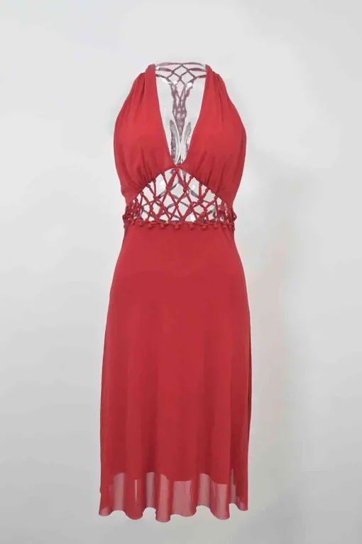 Red chiffon braided eyelet waist and racerback halterneck midi dress