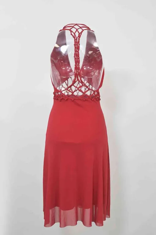 Red chiffon braided eyelet waist and racerback halterneck midi dress
