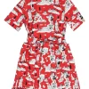 Red cotton kissing sailor novelty print spread notch collar button-front A-line belted shirt dress
