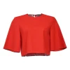 Red cotton-blend Oxford half bell sleeve crop top with keyhole back