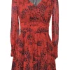 Red draped silk abstract cheetah print wrap-effect long sleeve A-line mini dress