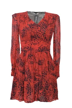 Red draped silk abstract cheetah print wrap-effect long sleeve A-line mini dress