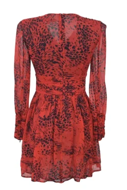 Red draped silk abstract cheetah print wrap-effect long sleeve A-line mini dress