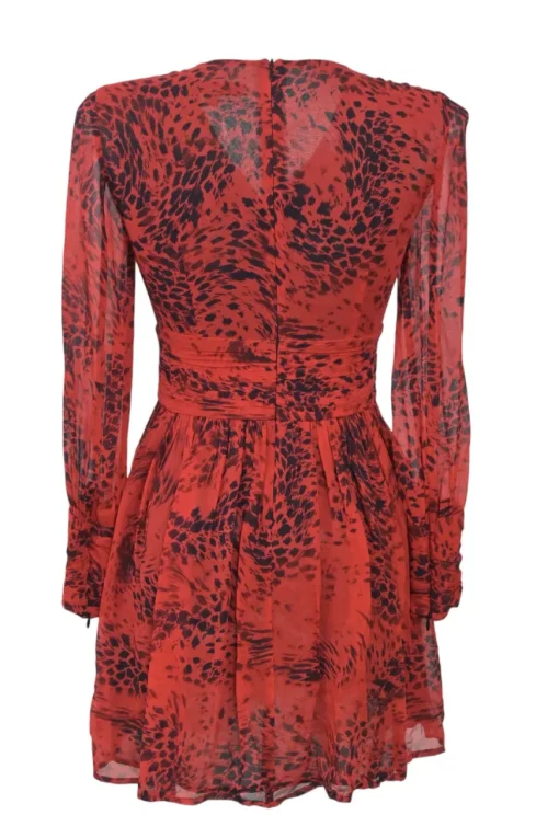 Red draped silk abstract cheetah print wrap-effect long sleeve A-line mini dress