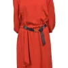 Red draped viscose raglan sleeve belted knee-length blouson dress