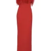 Red feather-trimmed polyester-blend Scarlett strapless column gown with slit back