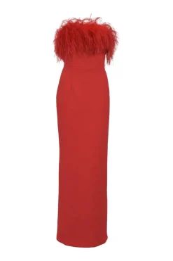 Red feather-trimmed polyester-blend Scarlett strapless column gown with slit back
