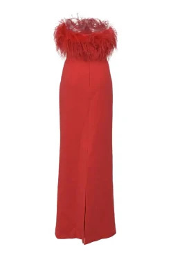 Red feather-trimmed polyester-blend Scarlett strapless column gown with slit back