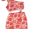Red linen floral print Cinta one-shoulder knot waist mini dress