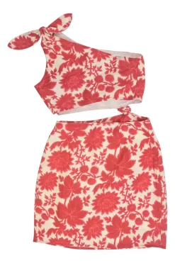 Red linen floral print Cinta one-shoulder knot waist mini dress