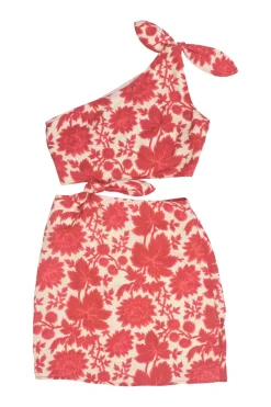 Red linen floral print Cinta one-shoulder knot waist mini dress