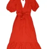 Red linen plunge neck puff sleeve A-line open-back midi dress with adjustable nape tie fastening