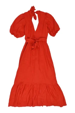 Red linen plunge neck puff sleeve A-line open-back midi dress with adjustable nape tie fastening